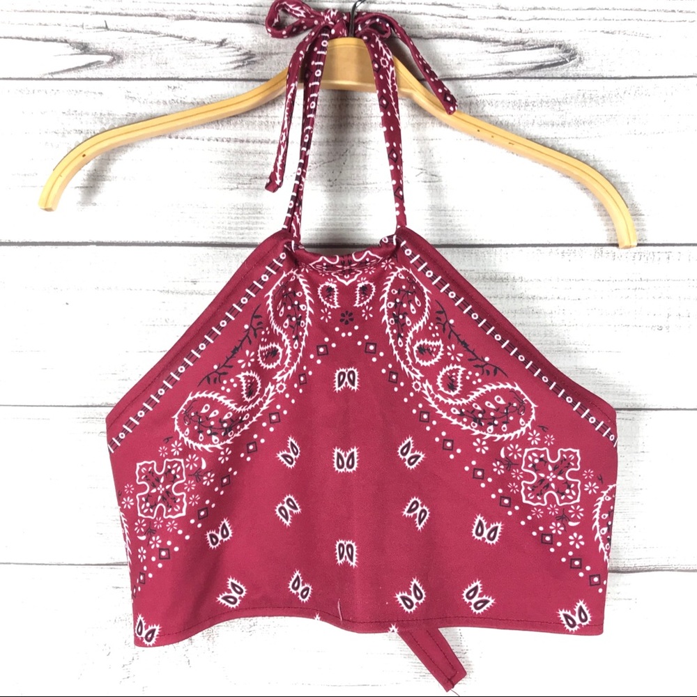 Red paisley bandanna halter crop top size large